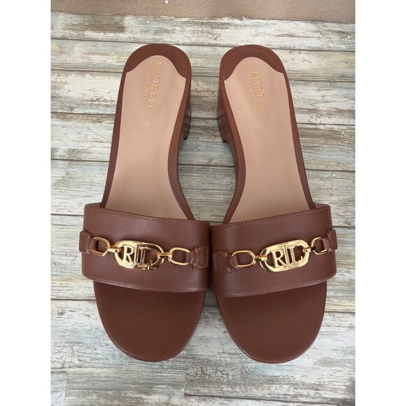 Lauren Ralph Lauren Roxanne Slide Sandals Polo Tan Leather Heel Size 11 NEW - Picture 13 of 15